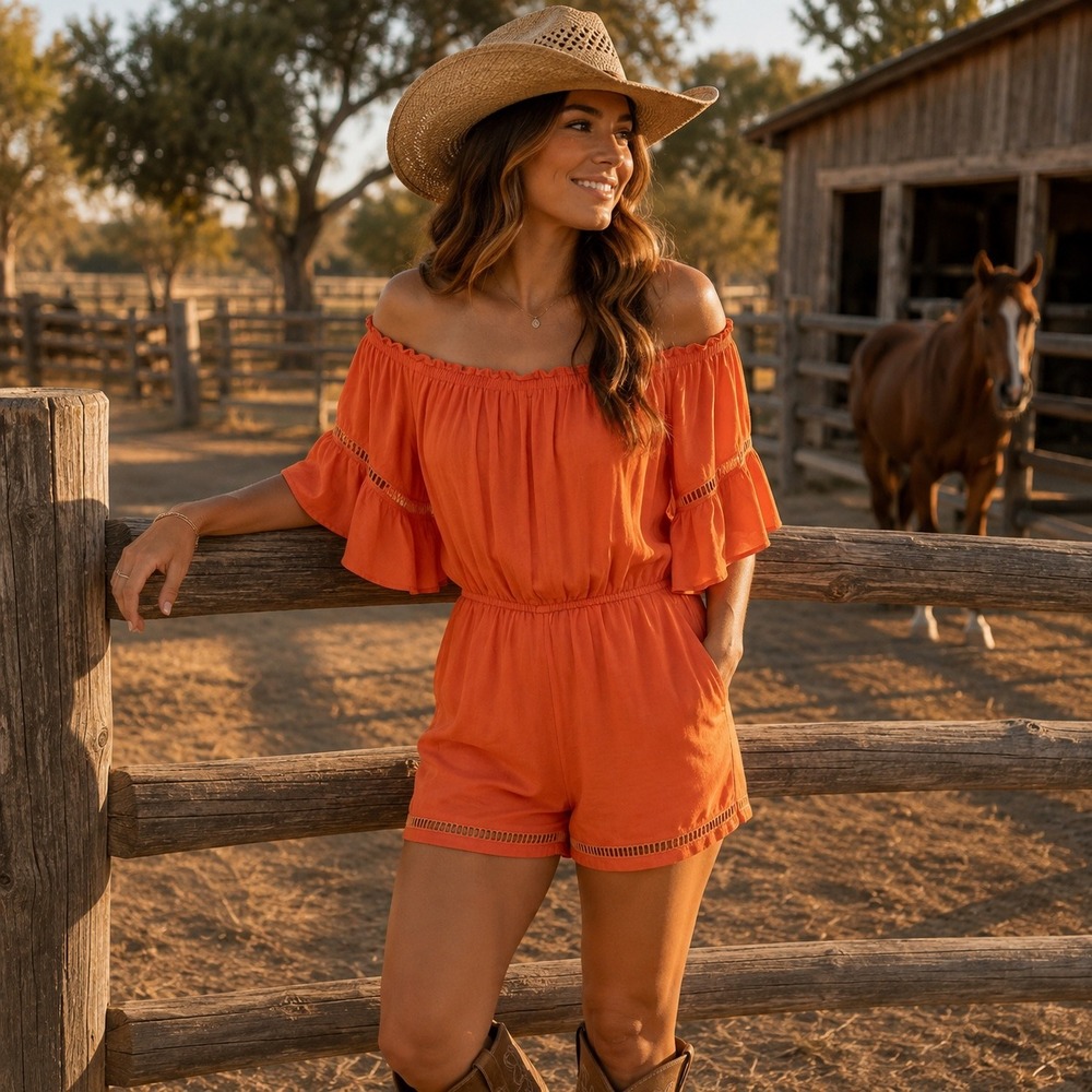 Love Culture Womens Orange Off Shoulder Flutter Sleeve Crochet Trim Romper M